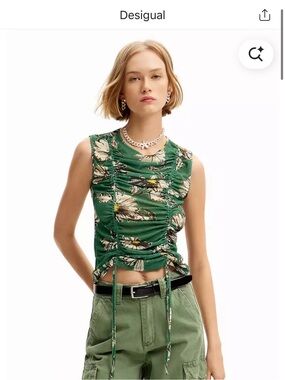 Desigual Green Floral Ruched Drawstring Tank